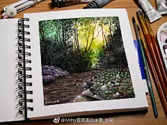 森林光影，一幅温暖意境作...-Mitty_爱画画的米蒂_水彩,手绘,艺术,绘画,水彩风景,插画_涂鸦王国插画