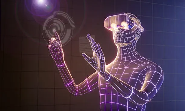 3D线框虚拟人戴上VR头戴抬起手并指向。...