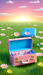 A-open-empty-pink-suitcase-on-the-wide-grass-surrounded-by-flowers--in-front-view--the-suitcase-is-empty-inside--with-sky-blue-background--in-the-cartoon-style--rendered-in-C4D--as-a-3D-scene-displayi (3)