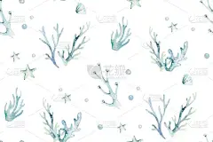 海洋动物蓝色水彩画海无缝蝴蝶鱼,海龟,鲸鱼和珊瑚. 贝壳水族馆背景。 海上航行图解