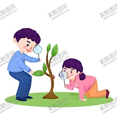 观察植物 【酷图网】手拿放大镜,观察植物,场景,插画,元素,卡通孩子