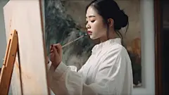 (4/4)一个女孩正在画一幅画，握着一支画笔，采用工笔风格，具有电影般的优雅，我简直无法相信这是多么美丽，32K超高清，韩流，永恒的艺术风格，面部表情生动(AI绘图来自WeDraw.art)
