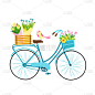 春天的插图。可爱的女性自行车与鲜花，篮子，盒子和花束。小的鸟。新鲜的彩色调色板手绘卡通风格。