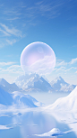 A snowy scene with some water and a planet behind it, in the style of realistic landscapes with soft edges, mountainous vistas, realistic blue skies, 20 megapixels, soft, romantic landscapes, magewave, detailed fantasy