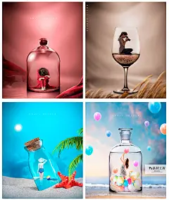 创意玻璃瓶酒杯人物合成海报影楼写真儿童3D抠图模板PSD背景H1628-淘宝网