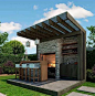 Simple, small stand alone activity area. like the blend of wood and stone, strong lines on the roof. Don't like this particular stone though.: 