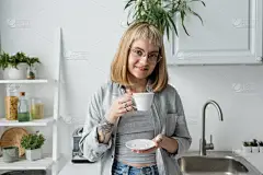 一个快乐的年轻女人，留着短发，刘海，眼镜和纹身，手里拿着一杯早茶，穿着休闲装站在白色橱柜旁边，种植在