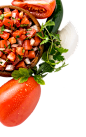 tomatoes, a pepper and a bowl of salsa