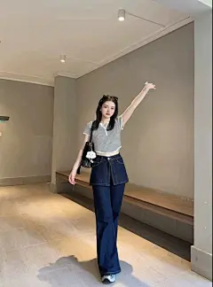 假两件深蓝色微喇牛仔裤女春秋2024新款高腰显瘦设计感阔腿喇叭裤-淘宝网