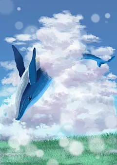 卡通唯美手绘梦幻风景插画女孩麋鹿鲸鱼森林梦境PSD模板设计素材