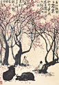 Li Keran (1907-1989) SITTING IN THE AUTUMN BREEZE signed KERAN, inscribed, and with two seals of the artist ink and colour on paper, framed 63.7 by 44.2 cm. 25 by 17 3/8 in.  李可染 秋風吹下紅雨來 (1907-1989) 設色紙本 鏡框 款識： 唐杜牧詩云：霜葉紅於二月花；清石濤詩云：秋風吹下紅雨來。此二句神韻天成，茲併寫之。可染。