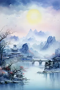 长城建筑海边日出日落中国风山水建筑草地