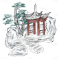 单顶凉亭元素创意贴纸-水墨风