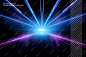 Dark background blue and purple laser beams of light on transparent background