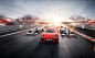 Benzina Full CGI race course : Full CGI key visual for Benzina brand. Racing cars on the race track in sunset. 