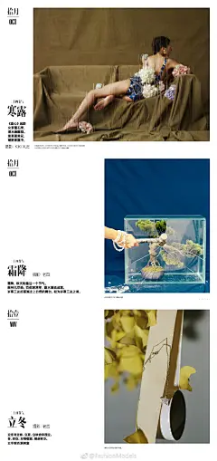 视觉系Visual超话 《marie claire 嘉人》12月刊封面特别企划「时间之说」二十四节气 

一切复苏于立春，冬眠于大寒，周而复始。由@刘雯 领衔演绎的Cover Story也解析了每个节气的特征或诗句，比如细雨纷纷的清明时节，在祭拜之后冲洗掉沾染鞋上的淤泥，带走晦气；比如“秋风萧瑟天气凉，草木摇落露 ​​​​...展开全文c