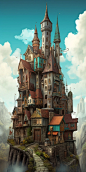 a city block with a Hogwarts castle and stone stairs, in the style of gothic steampunk, clear, color ful, sketchfab, caricature-like, i can't believe how beautiful this is, precise, detailed architecture paintings, whimsical grotesque, 3d rendering