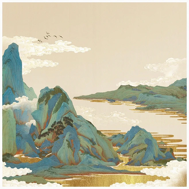 新中式插画 板绘青绿山水-花瓣网
