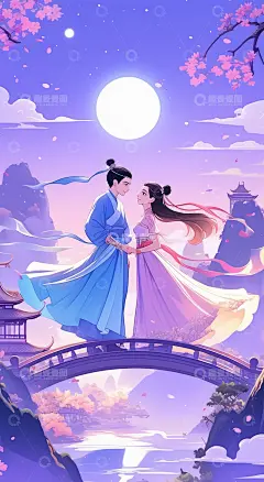 牛郎织女相会七夕插画背景图高清模板免费下载-趣麦麦图