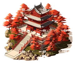 秋叶—日本宝塔，位于树木环绕的充满活力的森林中