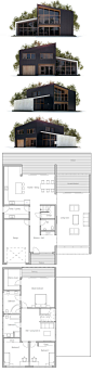 House Plan in Modern Architecture, three bedrooms, garage, two living areas, high ceiling in the living room: