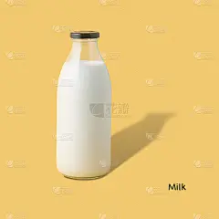 创意海报与一瓶素食牛奶在黄色背景与阴影