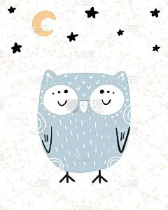可爱的手绘幼儿园海报，卡通人物动物睡觉猫头鹰和星星与月亮在斯堪的纳维亚风格。颜色向量插图。