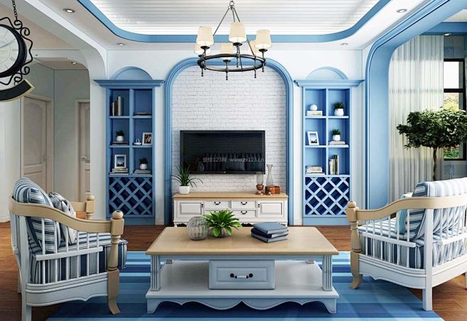 2017地中海风格客厅蓝色地毯图片