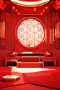 Red oriental oriental room with golden frame and red floor, in the style of luminous 3d objects, playful geometrics, xmaspunk, light red and white, joong keun lee, contest winner, festive atmosphere