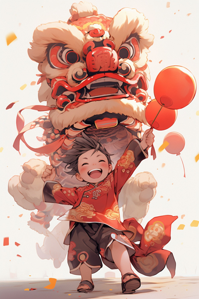 醒狮祝福国潮国风舞狮少年庆祝插画图片