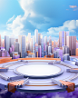 a table in the middle,Surrounded by buildings,The background is blue sky and white clouds,Top view,Top view,purple tone,purple tone,C4D, octane rendering,animated lighting,UHD8k,