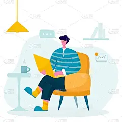 矢量插图的家庭办公室。一个拿着笔记本电脑坐在椅子上的男人。