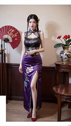  1girl, (high collar Lace red|purple skirt:1.39), on Stomach, bed,aqua_earrings,Lights, lanterns, chang,(big breasts:1.79),hanfu, (antique cheongsam, Chinese round fans:1.3),(Flower arrangement, potted orchid, screen, Chinese ink painting, round fan:1.25)