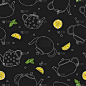 Seamless pattern with teapots and lemons.