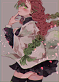 动漫1000x1400 Kimetsu no Yaiba动漫女孩粉丝艺术数字艺术2D垂直简单背景大腿高黑色长筒袜学校制服红发多色的头发长头发大胸部微笑着红色的唇膏绿色的眼睛Mitsuri Kanroji编织的头发