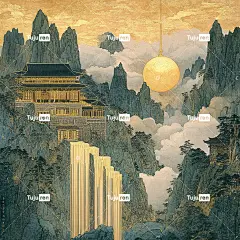 中国传统木刻版画，以翠绿碧绿、金箔、黄色水晶材料为特色。群山