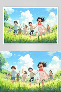 AI数字艺术小孩郊游插画-众图网