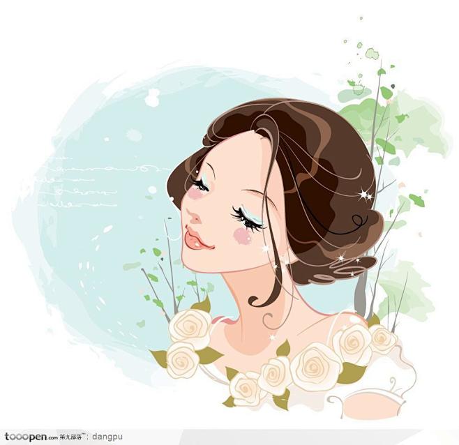 时尚美女化妆—闭着眼睛的漂亮新娘白玫瑰花...