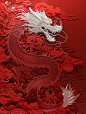 剪纸作品中国龙，中国新年喜庆红色背景海报