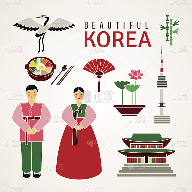 一套韩国文化符号。向量。