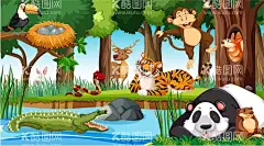 动物森林  - 源文件下载【酷图网】动物森林,卡通动物,卡通森林,卡通背景,卡通画,儿童房,幼儿园装饰墙,卡通装饰,矢量画,卡通狮子,卡通水,大自然,童话森林,童话世界,卡通素材,卡通世界,卡通,野外,野生动物,花草,青草