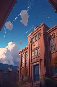 AI数字艺术简洁创意学校教学楼建筑插画