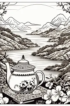 AI数字艺术复古铜版画茶园茶叶插画-众图网