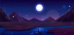满月的夜晚沙漠绿洲插画矢量图设计素材