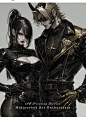 This may contain: an image of two people dressed up in black and gold outfits with horns on their heads