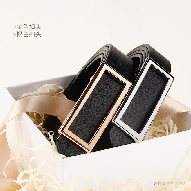 皮带女真皮简约百搭时尚黑色平滑扣女士牛皮...