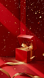 A red gift box with gold and glitter, in the style of jeeyoung lee, trompe-l'oeil folds, conceptual portraiture, dark red and light beige, scattered composition, conceptual installation, studyblr