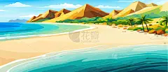 夏季海滩的头像.轻柔的海浪俯瞰着海滩.美丽的背景，贝壳在沙滩上。有植物阴影的矢量图解。带有复制空间横