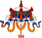 宝伞藏语称"斗"。古印度时，贵族、皇室成员出行时，以伞遮阳，后演化为仪仗器具，寓意为至上权威。佛教取其"张弛自如，曲复众生"之意，以伞象征遮蔽魔障，守护佛法。藏传佛教亦认为，宝伞象征着佛陀教诲的权威。