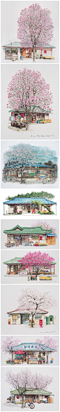 来自韩国插画师 Me Kyeoung Lee 画的一组小卖铺作品